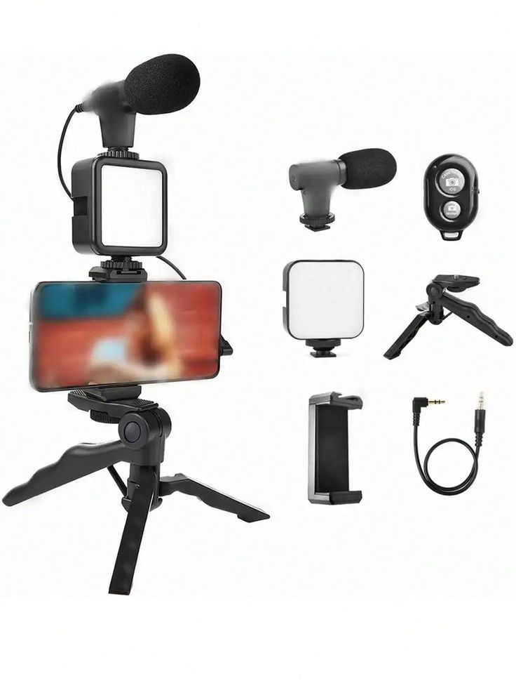 AY-49 Video Making Kit – Vlogging Microphone, LED Light & Tripod for Smartphone Recording
