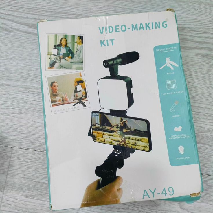 AY-49 Video Making Kit – Vlogging Microphone, LED Light & Tripod for Smartphone Recording