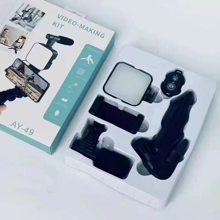 AY-49 Video Making Kit – Vlogging Microphone, LED Light & Tripod for Smartphone Recording