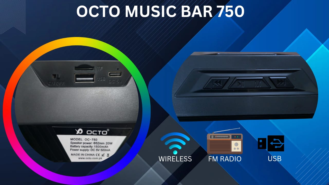 " OCTO Music Bar 750 – 20W RGB Wireless Soundbar with Stereo Bass & TWS