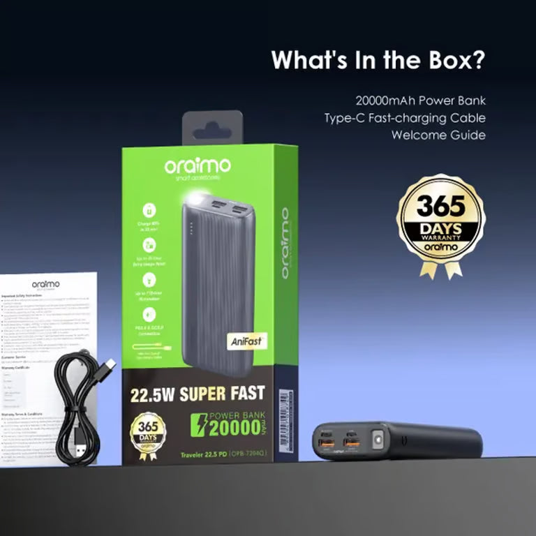 Oraimo Traveler 22.5W PD 20000 MAH Power Bank – Fast Charging Portable Charger