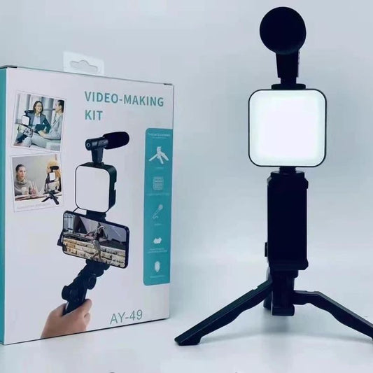 AY-49 Video Making Kit – Vlogging Microphone, LED Light & Tripod for Smartphone Recording