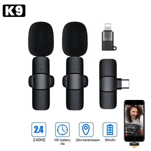 K9 Wireless Lavalier Microphone Dual Set – Noise Cancelling Clip-On Mic for iPhone & Android